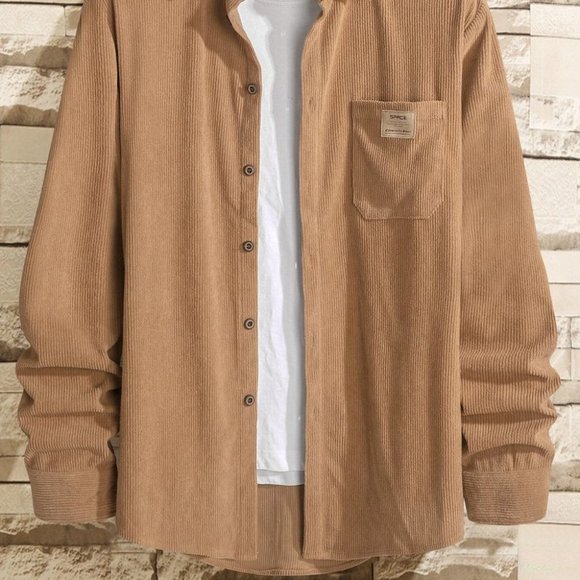 Casual Khaki Corduroy Men's Solid Shirt - Picture 2 of 9